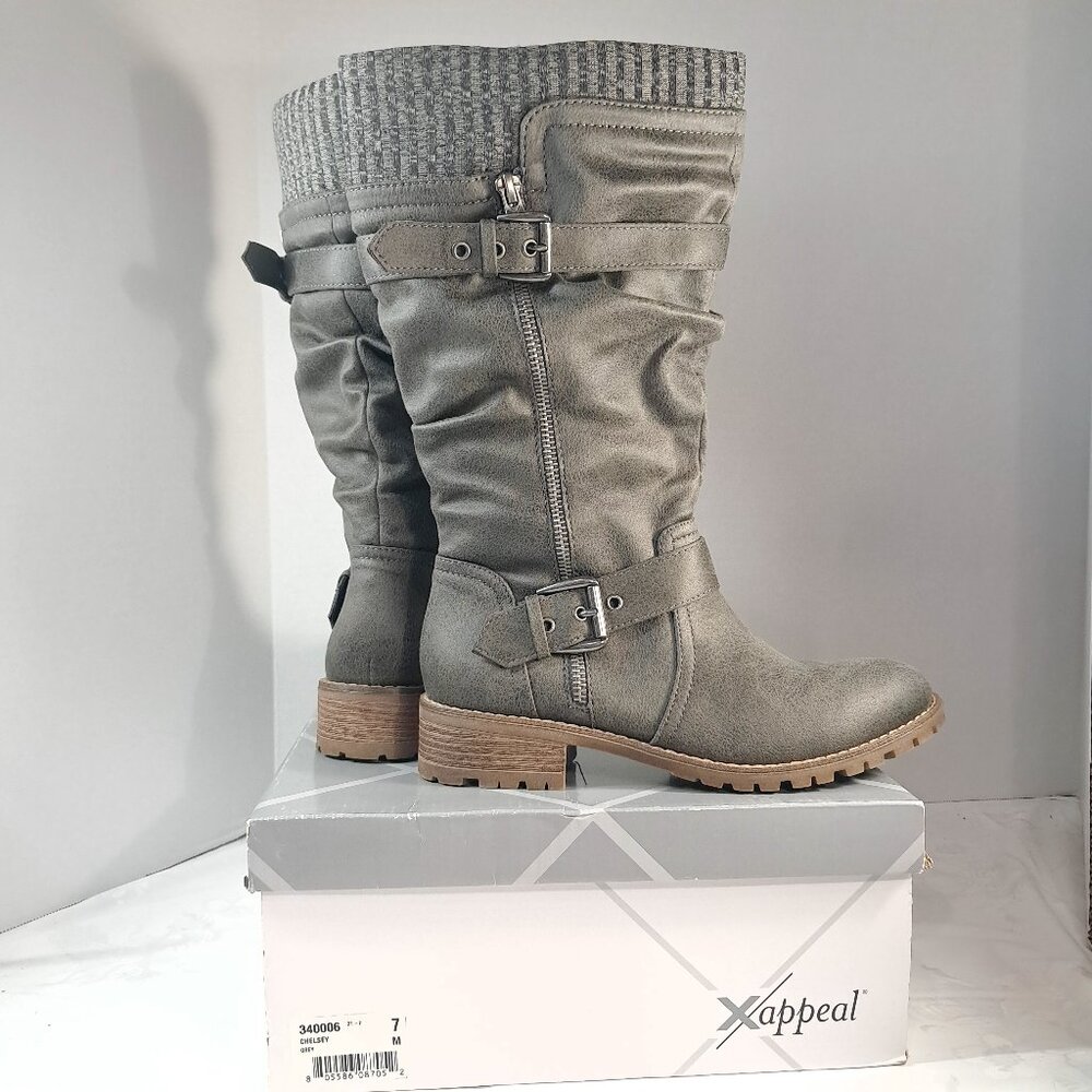 Xappeal Chelsey Womens sz 7 M Riding Boots Knee High Buckle‎ grey gray chelsea